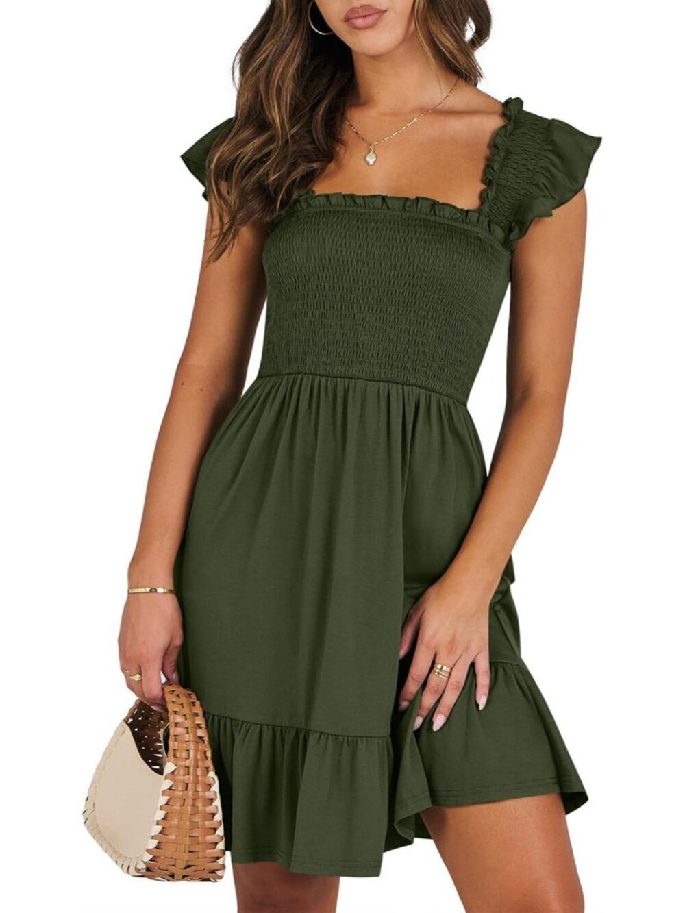 Women's Summer Sleeveless Square Neck Dress Army Green Smocked Ruffle Backless